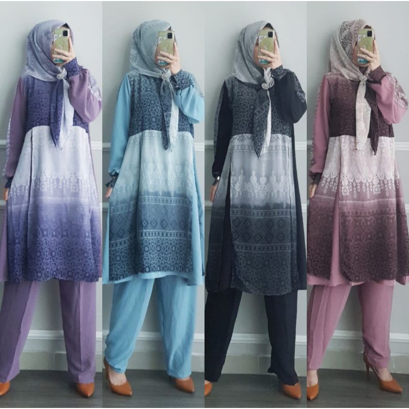 Setcel hijab segiempat setelan celana crinkle motif Ld 110