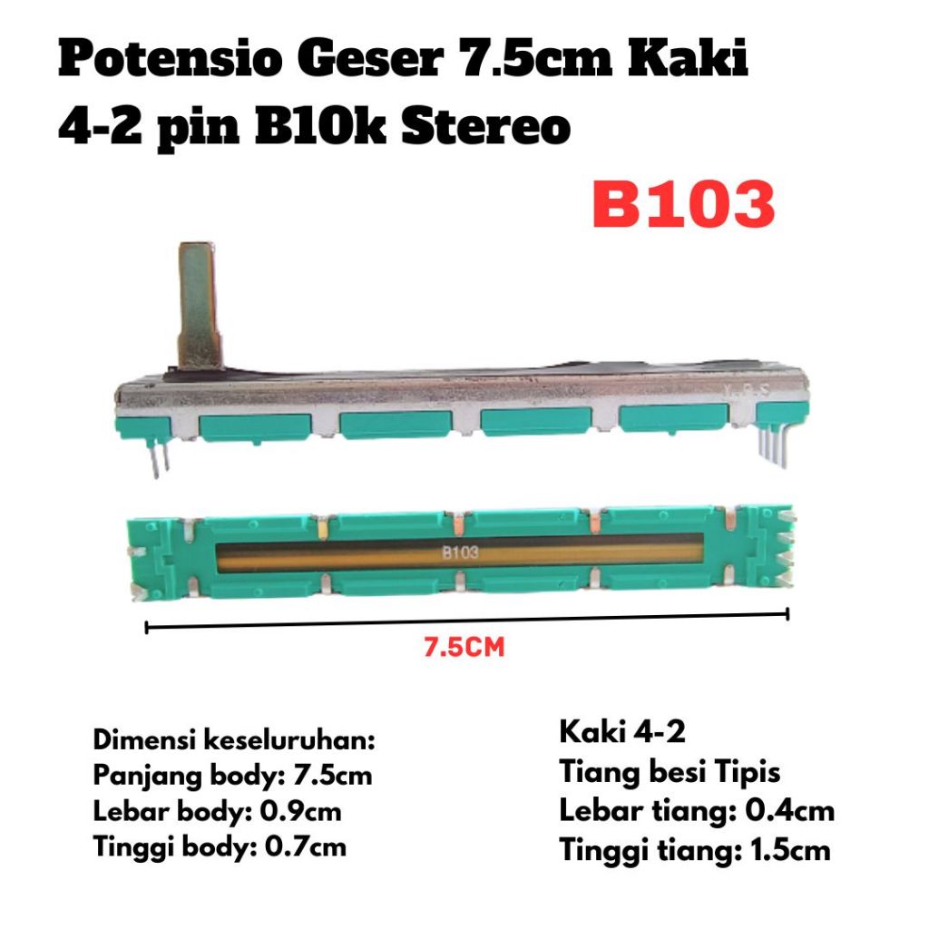 Potensio Geser 7.5cm Kaki 4-2 pin B10k Stereo Slide 7.5 cm Mixer 103