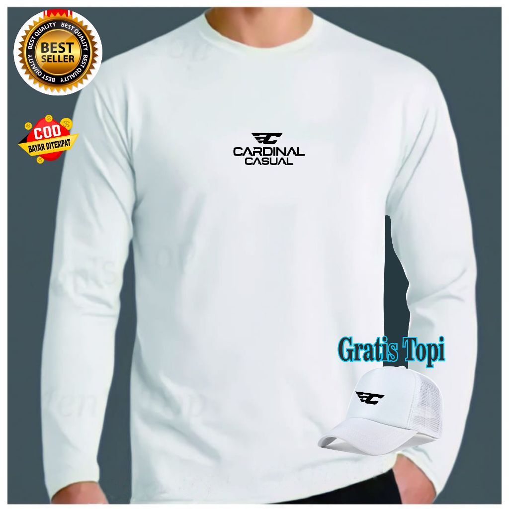 Kaos Pria Cardinal DT Hitam ( Bonus Topi ) Lengan Panjang Bahan Adem tebal dan Lembut / Kaos lengan 