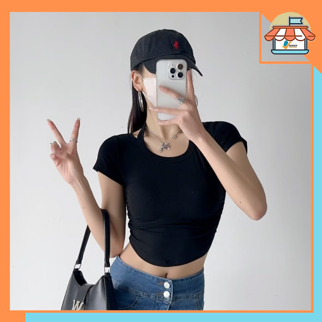 RSB BJ414 Baju Atasan Kaos Spandek Korean Wanita Sexy Lengan Pendek Leher Tali Leher Fashion