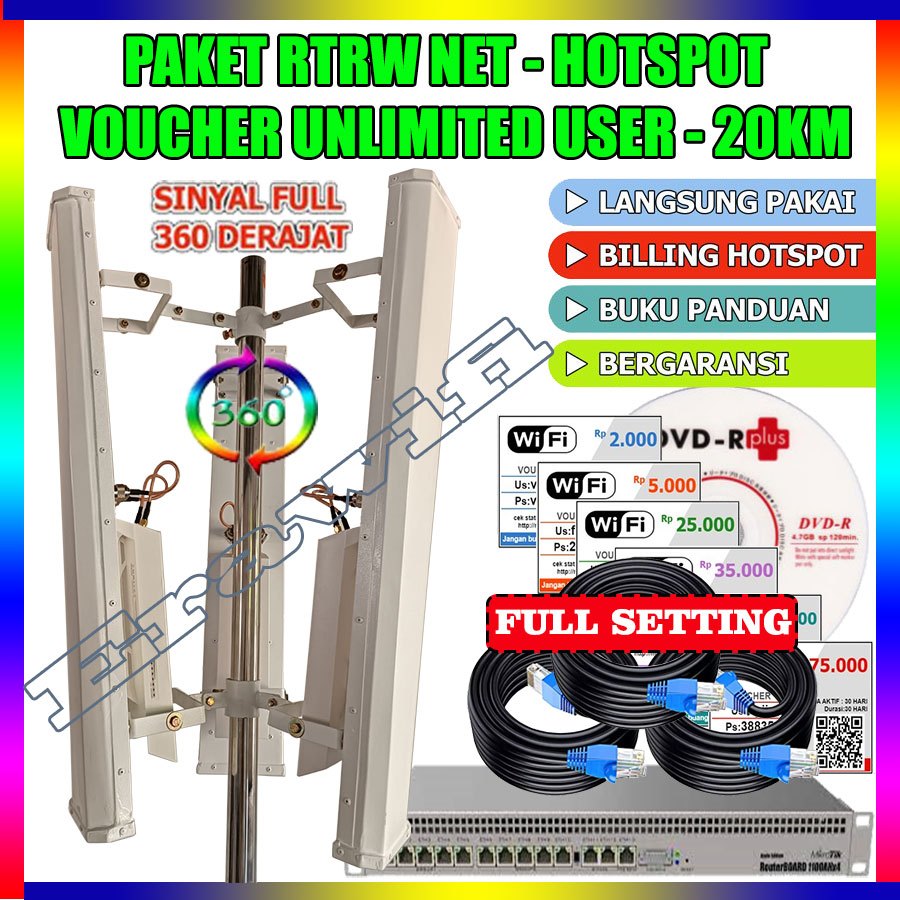 Paket Usaha Wifi ISP RT RW NET HOTSPOT Voucher Lengkap Profesional Full Setting Unlimited User 20 KM