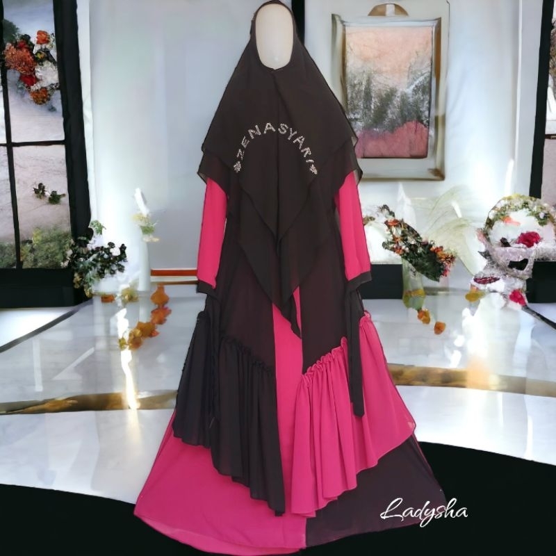 Set Gamis Zena Syar’i Ceruty Babydoll Armany Premium hitam fanta fuschia