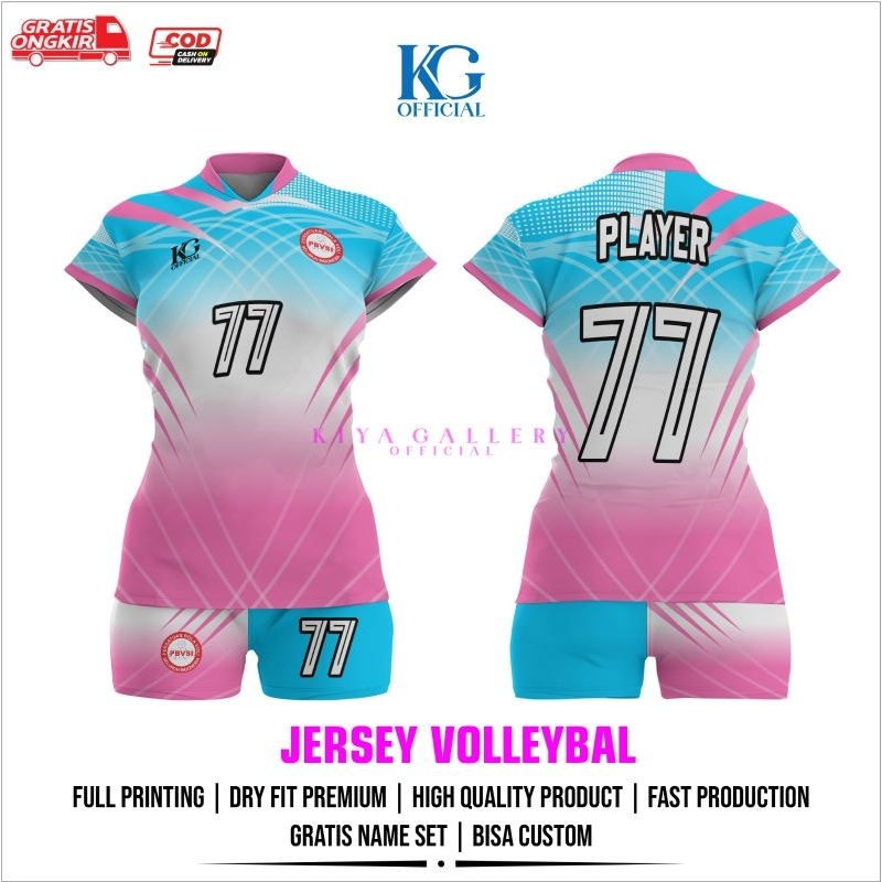 JERSEY VOLI WANITA BLUE WHITE PINK FULL PRINTING PREMIUM – GRATIS CUSTOM NAMA & NOMOR – BAJU VOLI TI