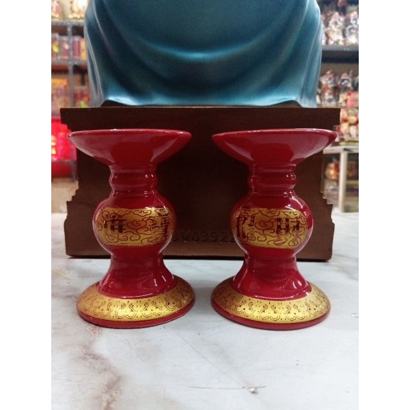 tempat lilin sembahyang/ kaki lilin sembahyang- keramik- 10cm- merah