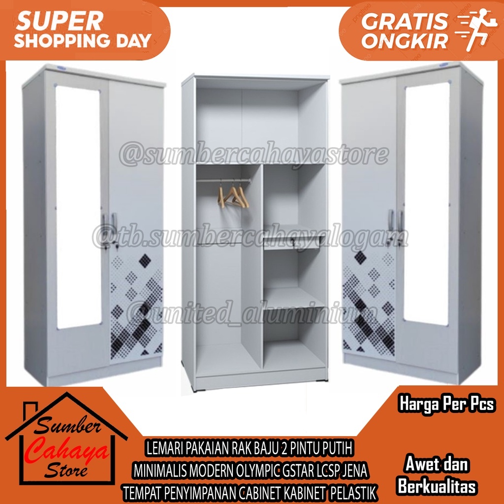 [Kargo] LEMARI PAKAIAN 2 PINTU OLYMPIC GSTAR LCSP JENA PUTIH RAK BAJU CERMIN KACA MINIMALIS MODERN T