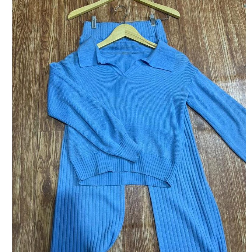 Setelan One Set Rajut Celana+Atasan Polo Kerah Panjang Tebal / set rajut wanita/one set rajut polos