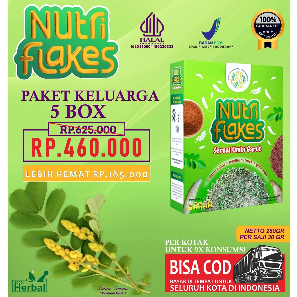 

PAKET 5 BOX NUTRIFLAKES ORIGINAL Sereal Umbi Garut Nutriflakes Original Asam Lambung