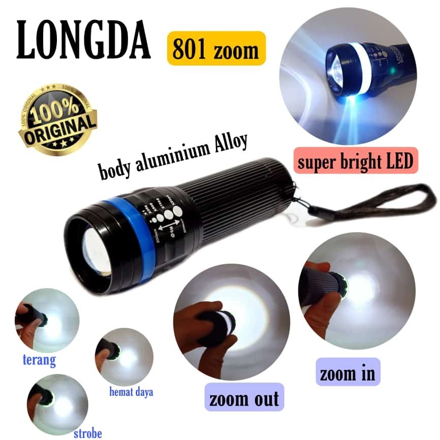 SENTER LED MINI ZOOM 801 FLASHLIGHT LONGDA