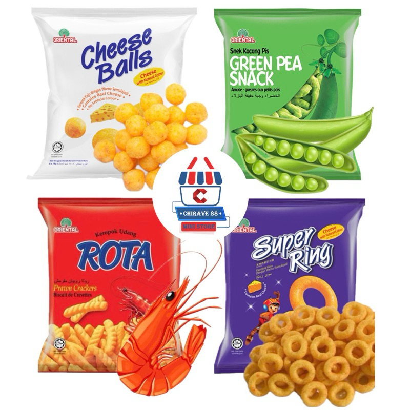 

Oriental Snack - Cheese Balls - Super Ring - Green Pea Snack - Rota Prawn Crackers Family Pack 112g (8packs x 14g)