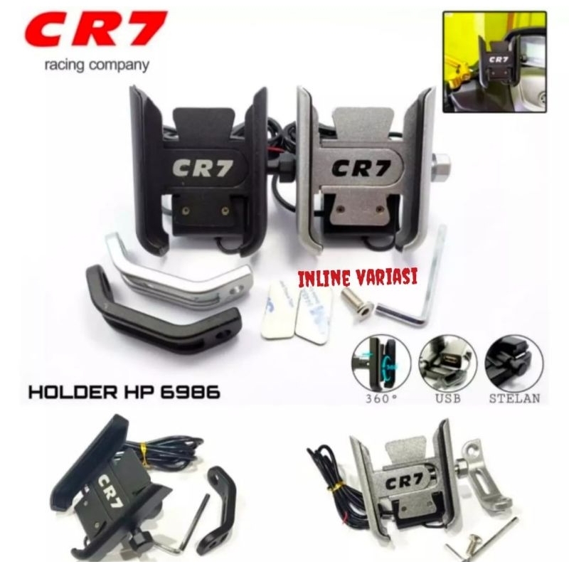 Mounting holder hp handphone motor plus port usb charger cr7 universal