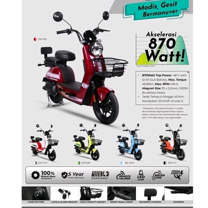 Genio S1 Sepeda Listrik 48V 576Wh SLA Baterai, Motor Brushless 870W, Roda 14 Inci, Warna Merah Hitam Putih Kuning Biru Cream Hijau Pink