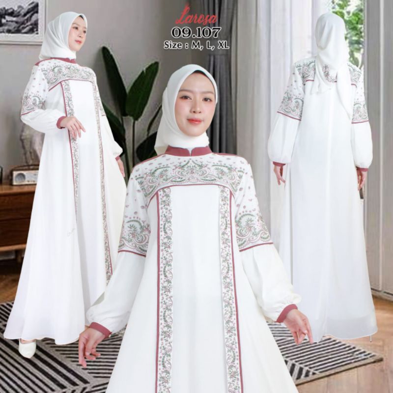 SET GAMIS LAROSA PUTIH BORDIR 09.107  /  GAMIS ABAYA LAROSA BUSANA BORDIR SET HIJAB  /  DRESS GAMIS 