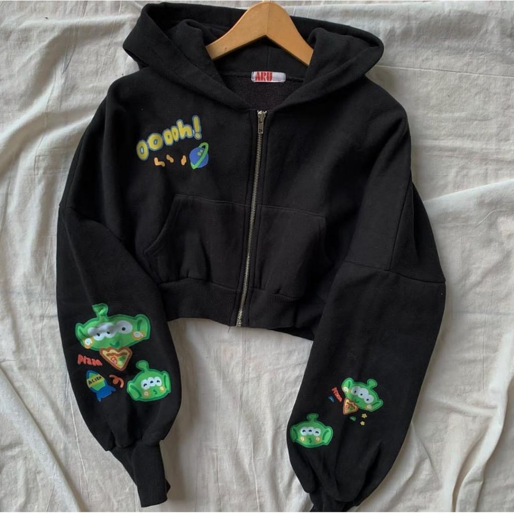 OOOHH ALIEN SWEATER CROP HOODIE ZIPPER - JAKET SLETING BERTUDUNG KARAKTER PLANET ALIEN