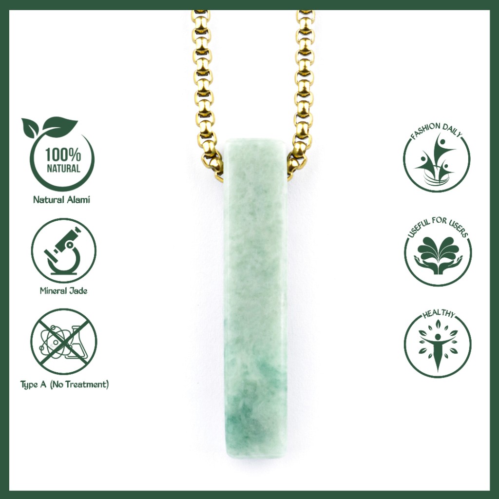 Kalung Liontin Giok Hijau Asli Natural Jadeite Jade Titanium Emas Gold
