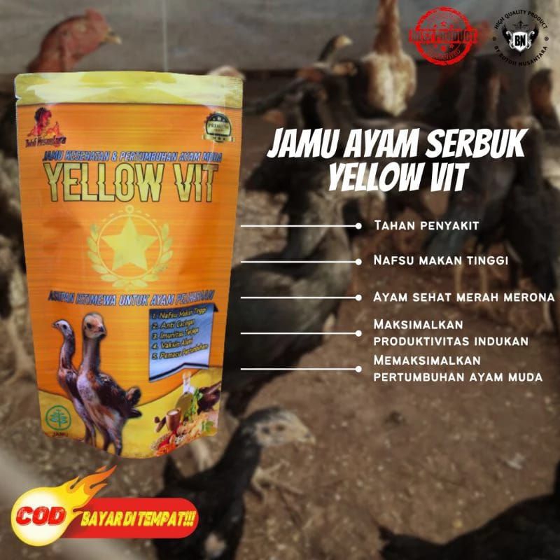 

Piscoklegit_ Yellow Vit 100Gram Jamu Nafsu Makan Ayam Dan Kesehatan Ayam Terhindar Dari Virus Dan