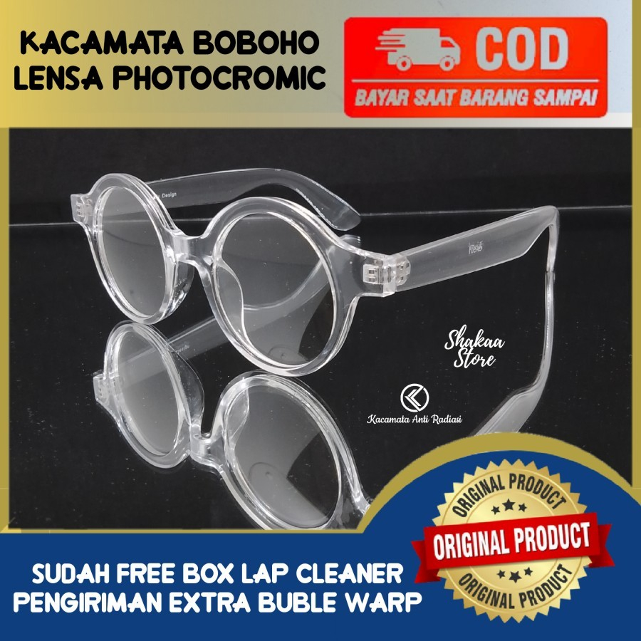 Kacamata Photocromic Pria Bulat Minus Anti Radiasi Frame Tebal Bening - Transparan