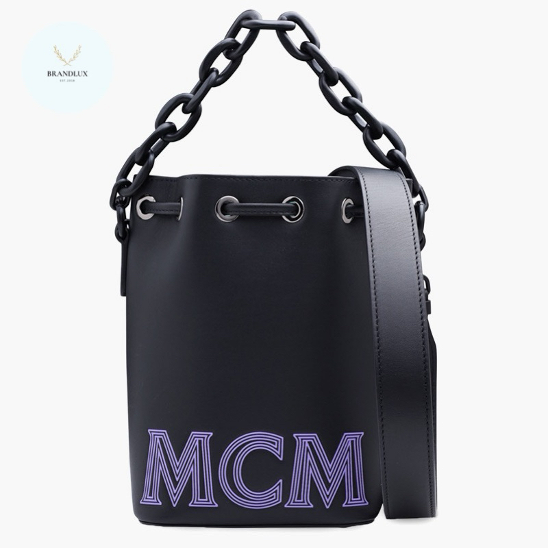 MCM Mini Drawstring Bucket Bag in Black with Chain Handle