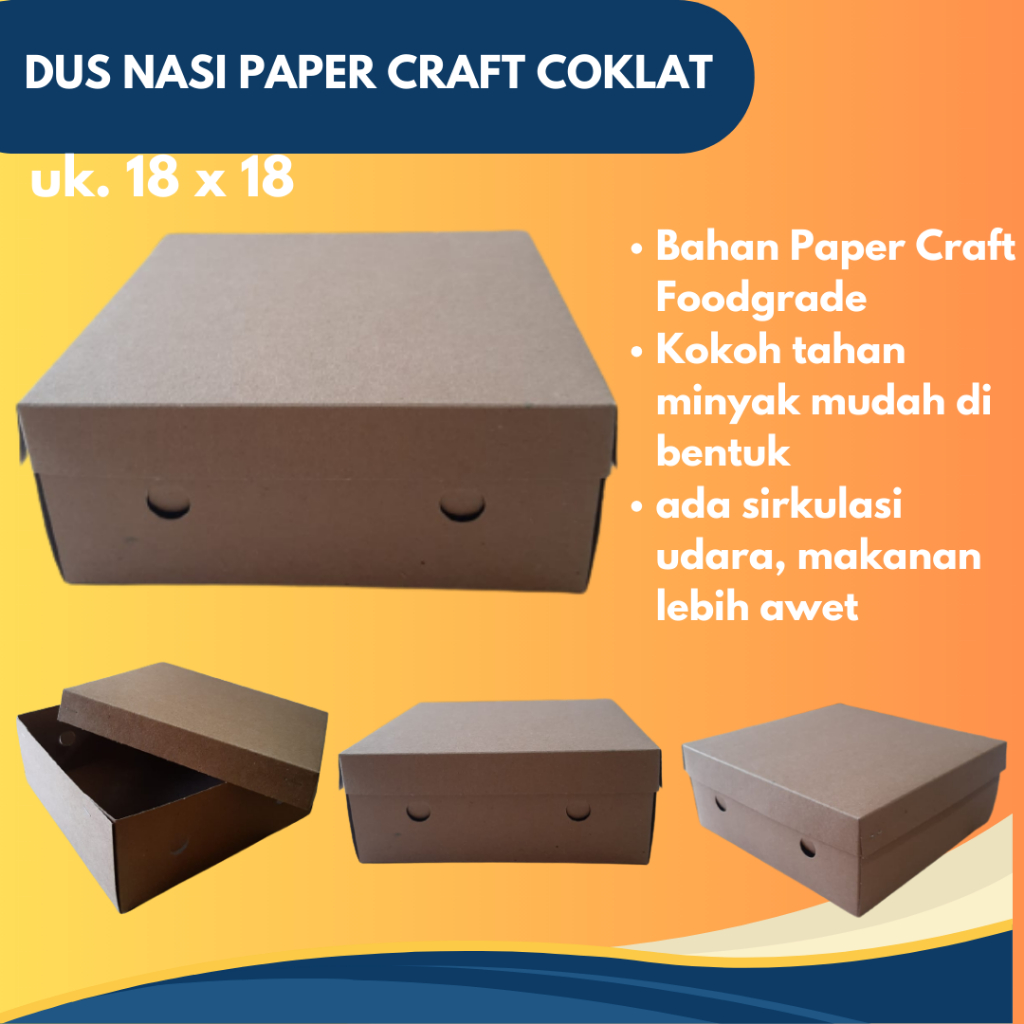 DUS NASI UK. 18 X 18 PAPER CRAFT COKLAT POLOS |KOTAK / BOX NASI POLOS