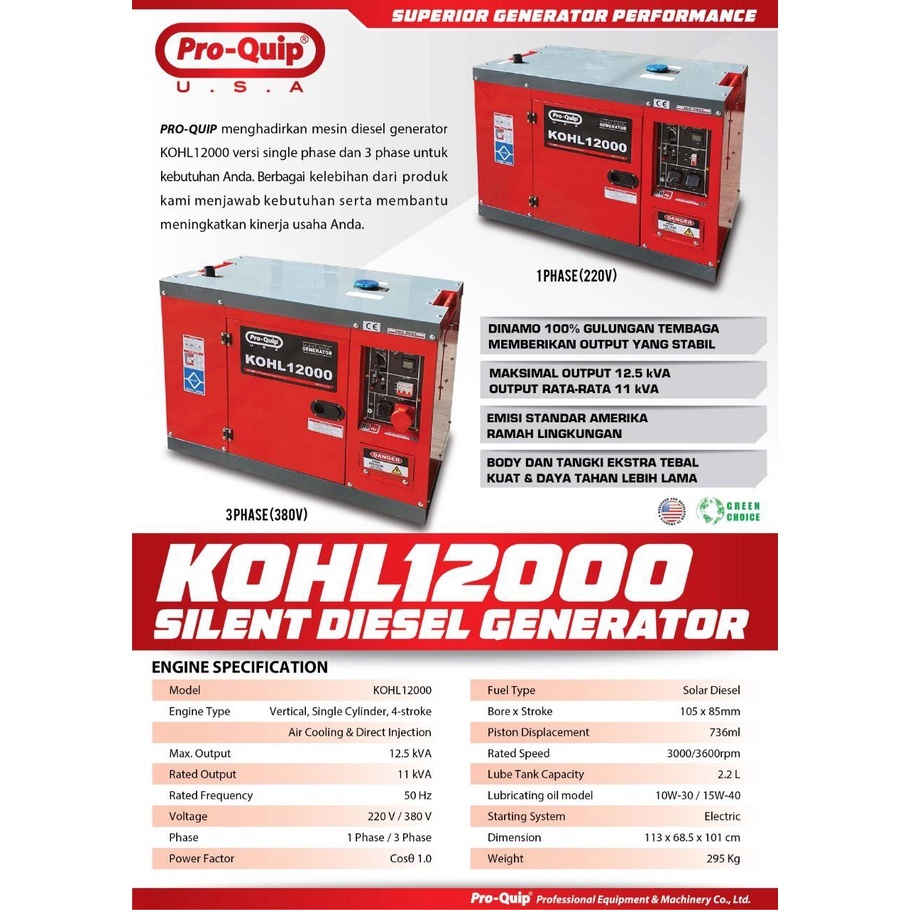 Genset DIESEL Silent 10000 Watt KOHL12000-1 KOHL12000-3 PROQUIP / Power Generator Gasoline SOLAR Sil