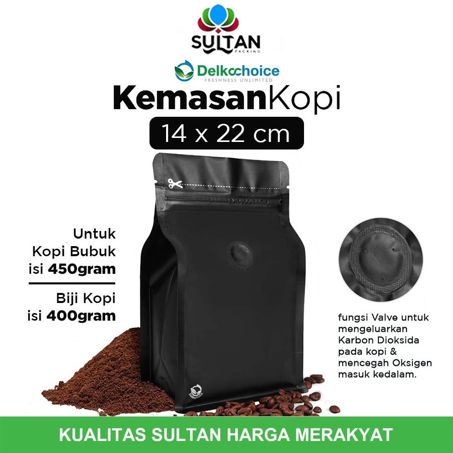 Standing Pouch Flat Bottom Valve Side Gusset HItam 14x22cm