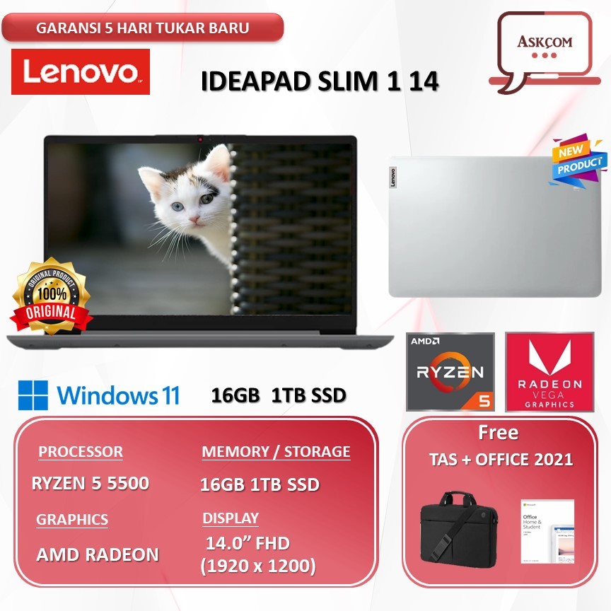 Laptop Lenovo Ideapad Slim 1 14 RYZEN 5 5625 16GB 1TB SSD  W11 OHS21 14.0