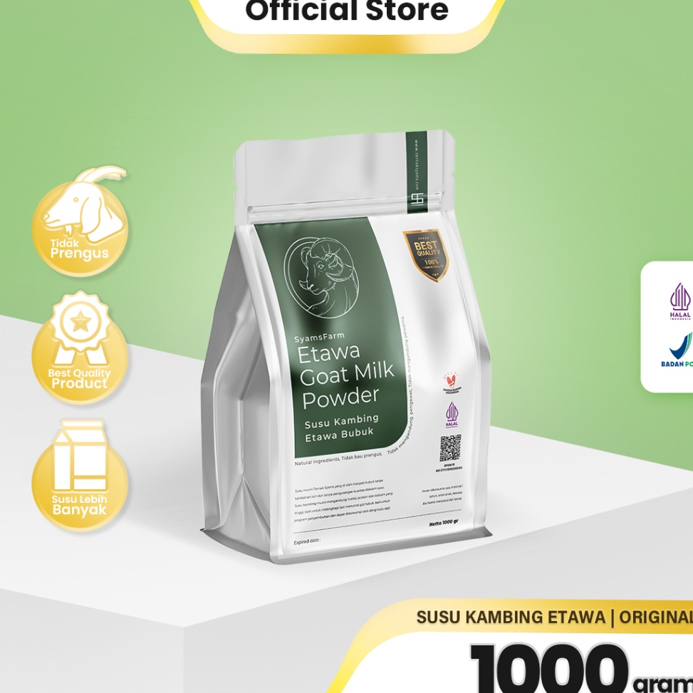 

Ternak Syams - SyamsFarm Susu Kambing Etawa Bubuk 1000 gram 1 Kg Rasa Original Ternak Syams BPOM Halal Premium Platinum Goat Milk Powder Drink Pasteurisasi Cair Natural Sehat Asli Terjamin Berkualitas COD Tunai bayar ditempat Platinum flavor powder drink