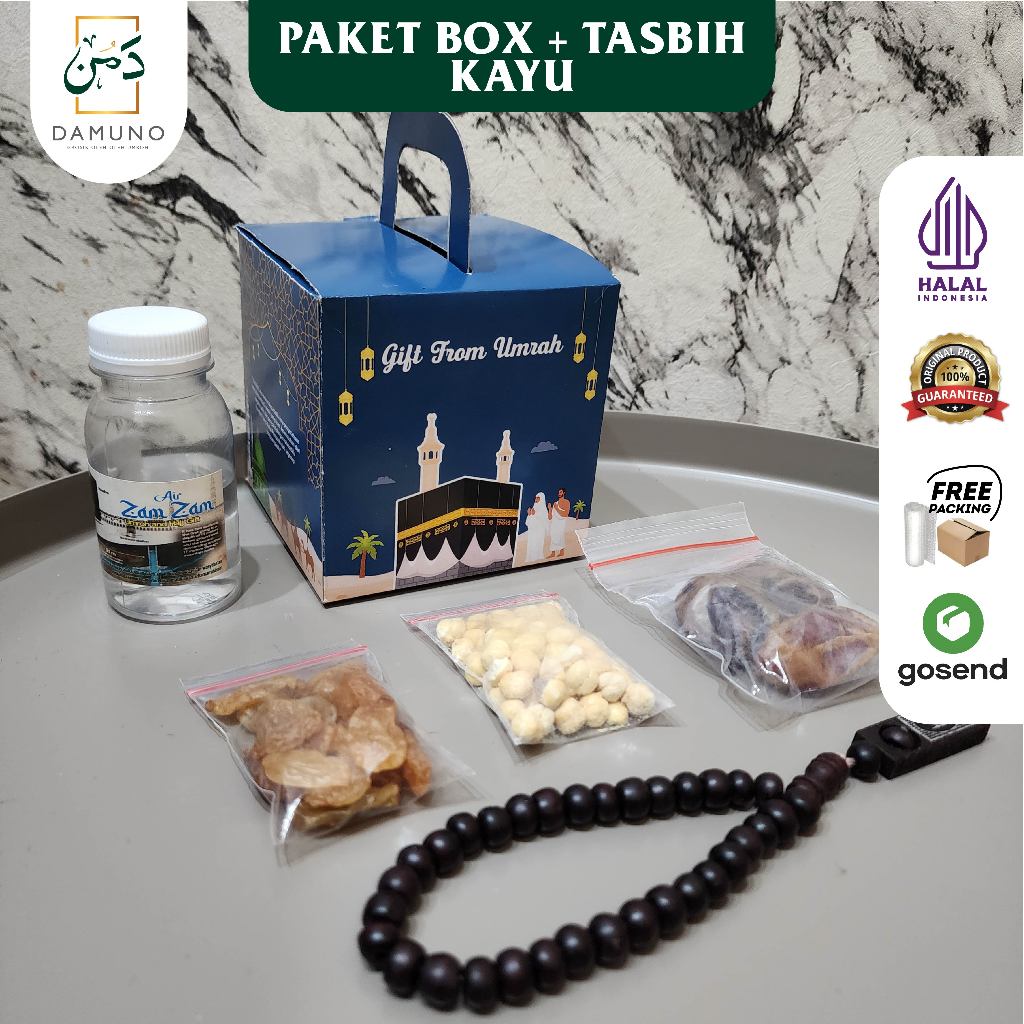 

Paket Oleh Oleh Haji dan Umroh dus kotak Air Zamzam ori + Kacang Arab + Tasbih Kayu