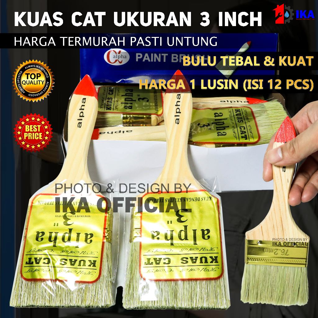 kuas cat 3" inchi 1Lusin kuas gagang kayu gagang pvc acak merk 3 inchi harga 1box 12pcs harga grosir