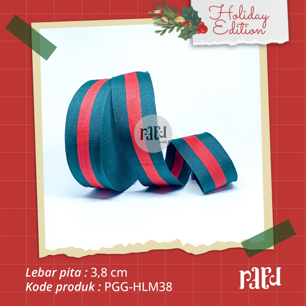 

RC-Pita Natal|Pita Gross Grain|Pita Kado/Hampers|PER 1 YARD (90cm)|Lebar 3,8 CM|Hijau List Merah