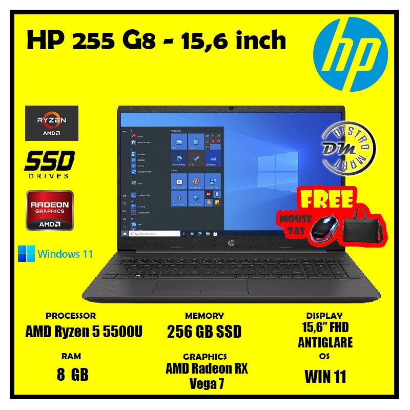 Laptop HP 255 G8 - Ryzen 5 5500U Ram 8GB Rom 256GB W11 15.6" FHD RESMI 1 TAHUN