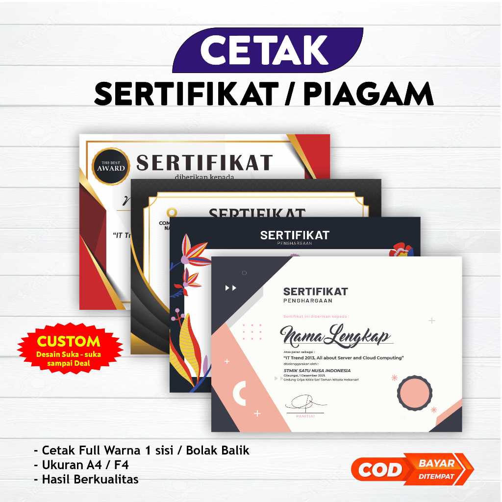 

Cetak Piagam & Sertifik4t Penghargaan Tinta anti luntur ukuran A4/Folio free desain template