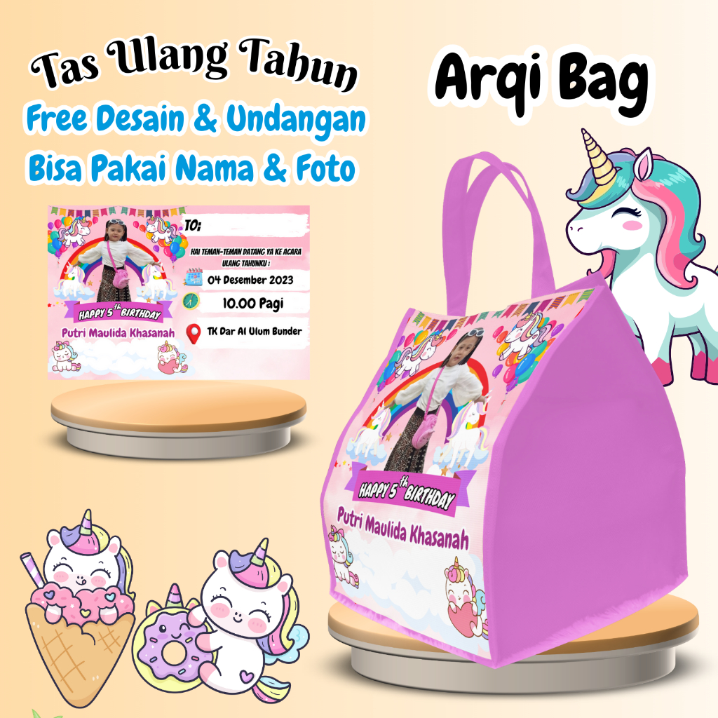 

50 Tas Free Undangan Ulang Tahun Anak Bisa Custom Goodiebag Kuda Pony Unicron Muat Box Nasi Kotak