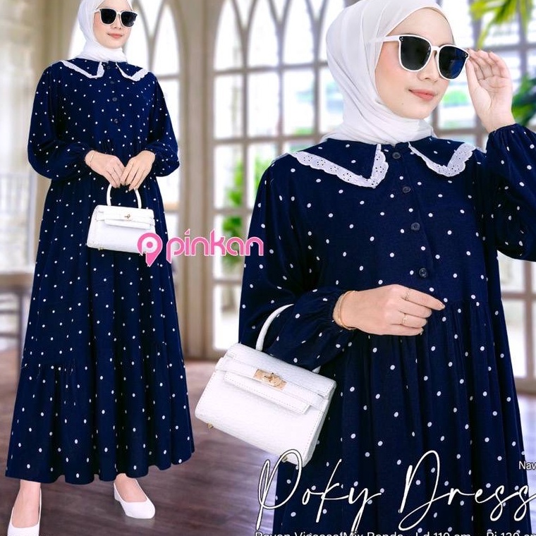 VIRAL ✅ Midi Dress Rayon Premium Motif Polkadot Gamis Terbaru Fashion Wanita Poky