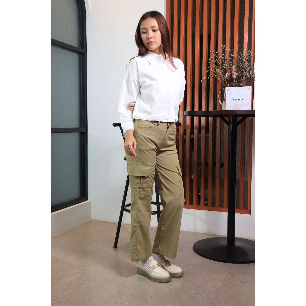 Celana Kargo Missty Wanita Wanita Warna Krem Cokelat Muda (Camomile49) Kemeja Missty Wanita Warna Pu
