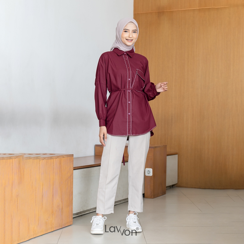 BELLE BLOUSE Maroon Atasan Wanita Kerja Kekinian Multifungsi Original By Lavvon