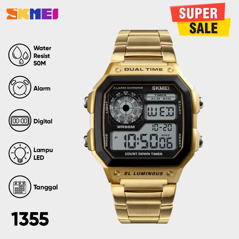 Jam Tangan Pria Premium Business Original 1335 Digital LED Stainless Steel 45 mm - Anti Air 50 M Renang - Water Resistant Watches