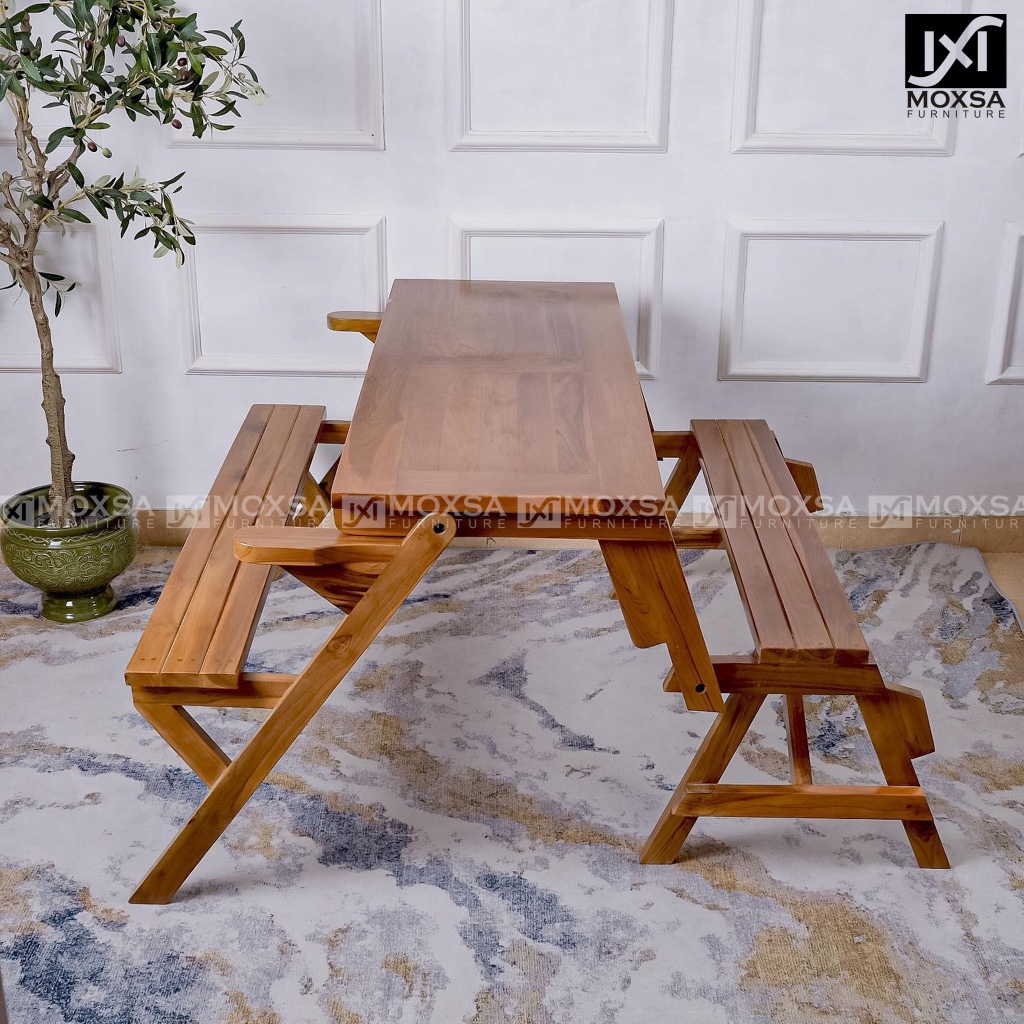 Meja Makan Set Magic Bangku Lipat Kayu Jati