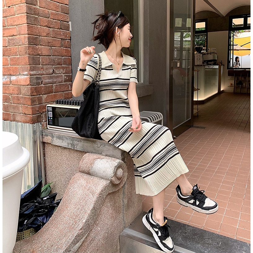Dress Rajut Knit Salur Model Panjang Bahan Tebal