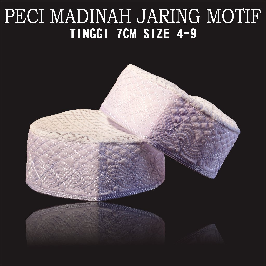 Peci Madinah Jaring Motif Tinggi 7cm / Peci Haji / Kopiah Haji / Peci Putih