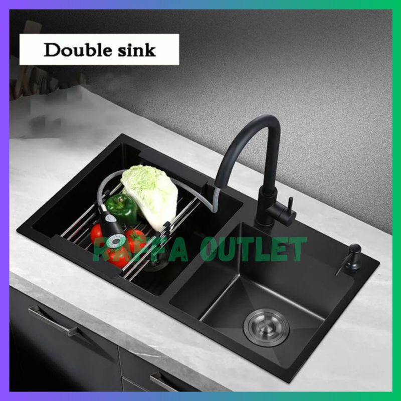 bak cuci piring kitchen sink  stainless 2 lubang wastafel hitam 7545