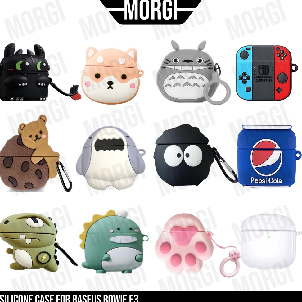 Pro Hemat Case Baseus E3 Casing Silicone Bowie Encok Earphone Silikon TWS Karakter Lucu Polos Hitam 