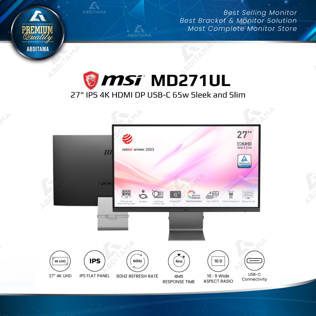 Monitor LED MSI MD271UL 27" IPS 4K HDMI DP USB-C 65w Sleek and Slim