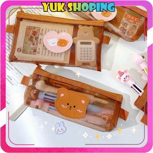 

✧YUKSHOPING✧ TEMPAT PENSIL / KOTAK PENSIL ALAT TULIS / TEMPAT MAKEUP TEDDY BROWN MODEL JARING S093