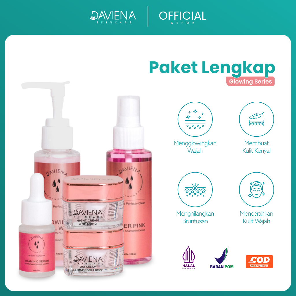 Paket Lengkap Glowing Series Daviena Skincare Facial Wash + Day Cream +  Night Cream + Serum Vit C +