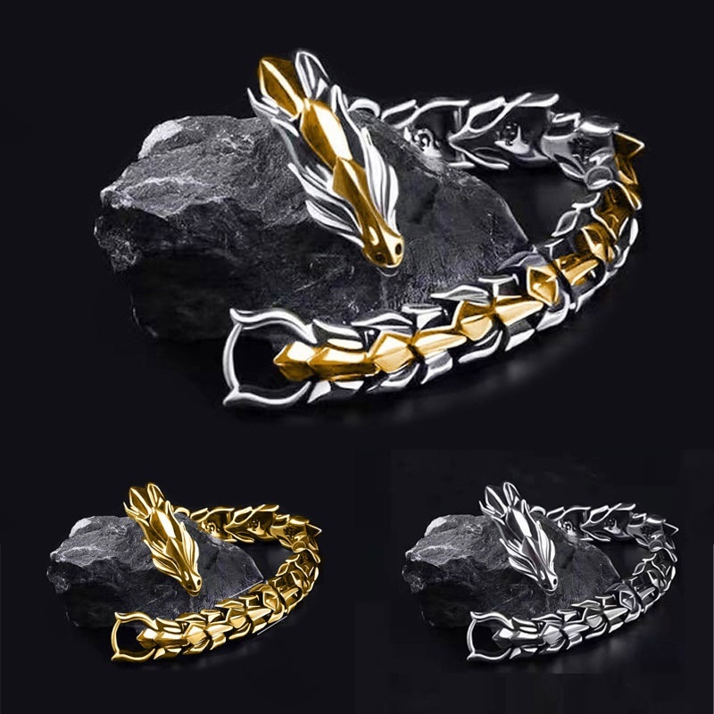 Gelang Naga V2 / Gelang Rantai Pria Model Naga Silver Gold / Gelang Rantai Kepala Naga / Gelang Pria