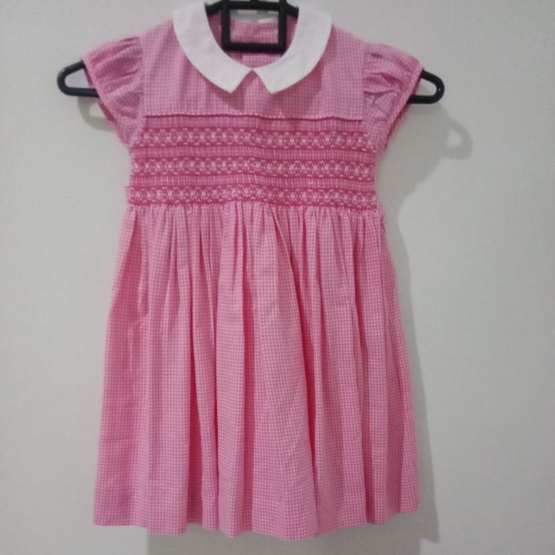 Preloved smocked dress anak pink kotak-kotak 3years almost new