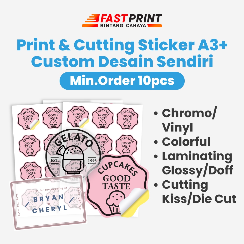 

Print Sticker A3+ Minimum 10pcs | Cutting Kiss Cut / Die Cut | Laminating Glossy / Doff