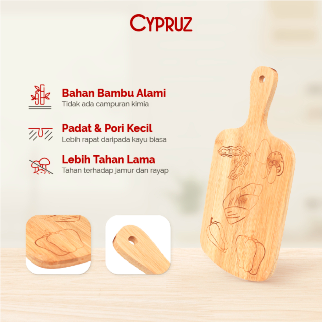 Cypruz Cutting Board Motif 33cmx16cm / Cypruz Talenan Bambu Premium Tanpa Sambungan Anti Jamuran Foo