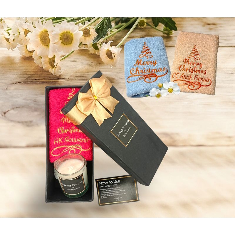 souvenir natal merry Christmas hampers handuk bordir plus scented candle lilin aromaterapi hard box 
