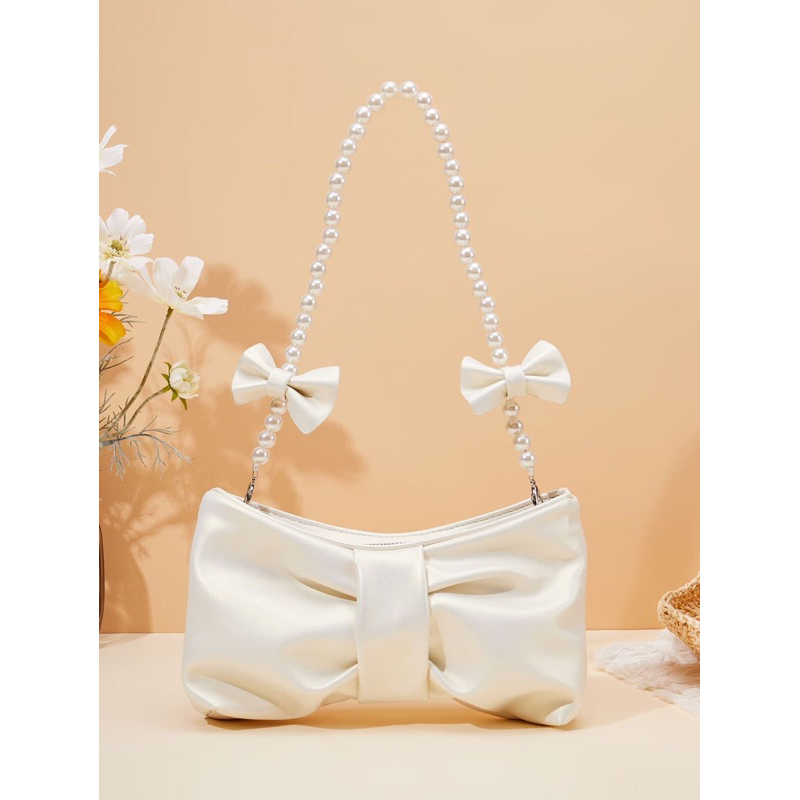 Tas Putih Mutiara Pita Vintage Estetik